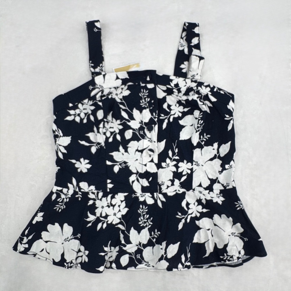 New Michael Kors Womans Tank Top Cotton Linen Blouse Sz Small Navy White Floral